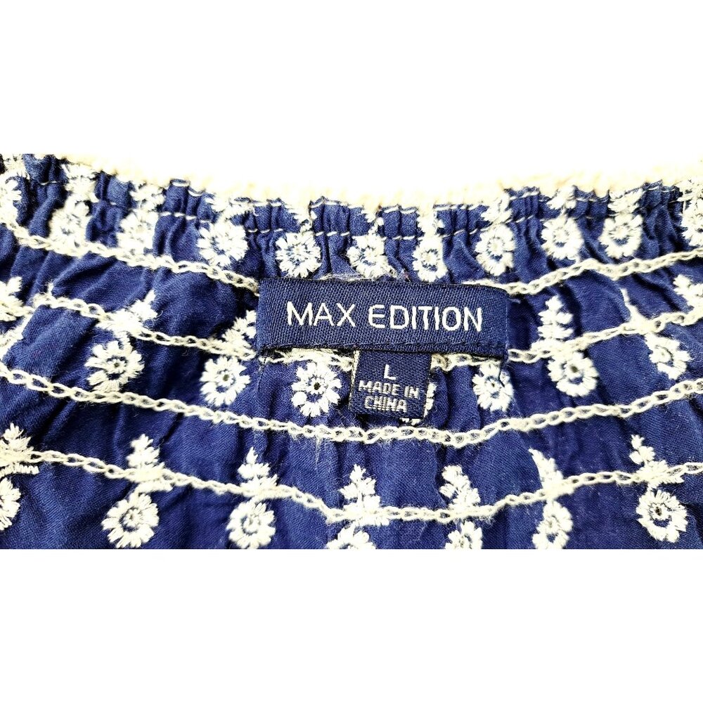 Max Edition Blue White Floral Embroidered Eyelet Short Sleeve Blouse Women Large - Picture 3 of 8